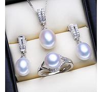 SALAN Ensembles De Bijoux De Mariage Mode Naturel Perle d'eau Douce Pendentif Colliers Femmes Boucles d'oreilles Élégantes Couleur Argent Bague Ensemble