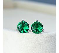 SALAN Mignon Femme 6/7 / 8mm Boucles d'oreilles en Pierre Verte Émeraude Naturelle Véritable 925 Boucles d'oreilles en Argent Sterling pour Femmes Petites Boucles d'oreilles À Vis