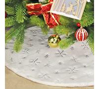 SALCAR Jupes de Sapin de Noël, Couvre de en Peluche Flocon de Neige Argenté sur Tapis Rond, Cache Pied de Sapin de Noël Luxueuse pour Décoration de Noël, Nouvel an, Fêtes et Mariages - 120cm