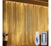 SALCAR Rideau lumineux à 300 LED - 3 x 3 m - 8 modes - Avec minuterie - Étanche - USB - Pour Noël, mariage, fête, terrasse - Blanc chaud