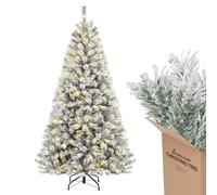 SALCAR Sapin de Noël Artificiel Blanc 180cm de Socle en Bois, Arbre de Noel Enneigées avec 828 Pointes de Branche, Gants, Décoration de Noël