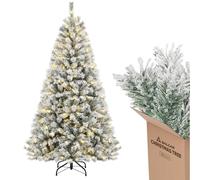 SALCAR Sapin de Noël Artificiel Blanc 180cm de Socle en Bois, Arbre de Noel Enneigées avec 828 Pointes de Branche, Gants, Décoration de Noël