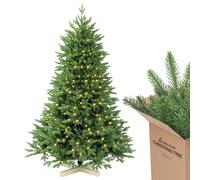 SALCAR Sapin de Noël Artificiel de 180 cm avec éclairage LED Chaud et Support en Bois, moulé par Injection PE et PVC (diamètre env. 120 cm) avec système de Pliage Rapide