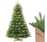 SALCAR Sapin de Noël Artificiel de 210 cm avec éclairage LED Chaud et Support en Bois, Moulage par Injection PE et PVC Invisible (diamètre env. 140 cm) avec système de Pliage Rapide