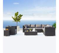 CONCEPT USINE | Salon de Jardin Panoramique 8 Places SALENTO 2 en Résine Tressée Noire | 2 Tables + Fauteuil | Coussins Gris Déperlants Ultra Confort | Structure Aluminium | Modulable & Élégant