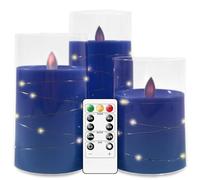 salipt Bougie LED, Bougies LED Flamme Vacillante Lot de 3, Bougies à Piles en Verre Avec Télécommande et Minuteur, Diamètre 7.6 cm, Hauteur 10.2 12.7 15.3 cm - Bleu