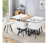 Salle à manger complète moderne, ensemble table et chaise lot de 7, encastrable table effet marbre et chaises tapissées, blanc