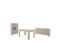 Salle à manger complète, Table à manger extensible + buffet à 3 portes + vitrine à 3 portes et 1 niche, finition coloris naturel/blanc - -