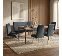 Set de salle à manger HWC-G55, set de 4 chaises + banquette 160cm, inox brossé tissu/textile chenille bleu-vert