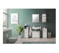 Salle de bain complète - Blanc et gris béton - 1 meuble sous lavabo + 1 étagère + 2 rangements bas - MADEIRA