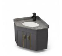 Salle de bain d'angle grise avec double porte, évier mural et robinet, économie d'espace, pour salles de bains familiales, design moderne fonctionnel et