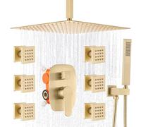 Salle De Bain Noir 12 Pouces Plafond Douche à Effet Pluie Système avec 6 Pcs Corps Spray Jet Mélangeur Ensemble, Oil-Rubbed Bronze, Ceiling Mount