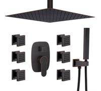 Salle De Bain Noir 12 Pouces Plafond Douche à Effet Pluie Système avec 6 Pcs Corps Spray Jet Mélangeur Ensemble, Oil Rubbed Bronze, Wall Mount