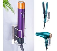 Salle de Bains Support seche cheveux, WAYASI Porte seche cheveux, Porte seche lisseur en acier inoxydable, Porte seche cheveux sans percage, Support Mural pour Fer à Friser et Fer à Lisser