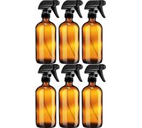 Sally's Organics Empty Amber Glass Spray Bottle - Large 16 oz Refillable Container for Essential Oils, Cleaning Products, or Aromatherapy - Black Trigger Sprayer w/Mist and Stream Settings - 6 Pack
