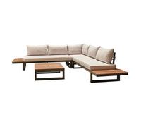 Salome - salon bas de jardin 5 places + table - modulable - bois, métal et coussins beiges - Noir, bois et beige