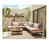Salome - salon bas de jardin 5 places + table - modulable - bois, métal et coussins beiges - Noir, bois et beige