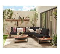 Salome - salon bas de jardin 5 places + table - modulable - bois, métal et coussins noirs - Noir et bois Noir et bois G