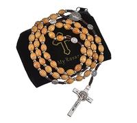 SALOMOCA Chapelet catholique en bois avec pendentif croix solide avec image sainte de Jésus Crucifix Grains naturels sur les perles de bois Image de Saint Benoît pour homme femme fidèle Rosario