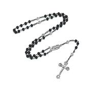 SALOMOCA Chapelet de perles avec crucifix et médaille Notre-Dame de Guadalupe - Perles de roche volcanique noires - Chapelet de prière catholique - Bijoux pour homme - Cadeau pour homme - Dans une