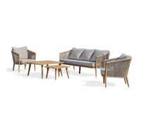 Salon bas de jardin 5 pl en aluminium imitation bois et corde tissée