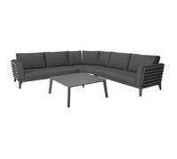 Salon bas de jardin aluminium avec coussins (2 méridiennes + 1 module d'angle + 1 table basse carrée) - Moss - 8 places