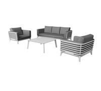 Salon bas de jardin aluminium avec coussins (canapé + 2 fauteuils + table basse carrée) - Moss - 5 places