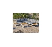 Salon bas de jardin - Aluminium - DCB GARDEN - 5 places - Blanc et bois d'acacia - MIYAKO bois G
