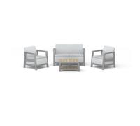 Salon bas de jardin - Résine - 4 personnes - Keter - Scandi Linea - Table 2 plateaux imitation bois - Imitation canage beige