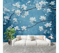 Salon Chambre Murale Photo Peinture à L'Huile De Fleur De Magnolia Papier Peint Intissé Résistant à l’humidité Murale Bleu Pour Décoration Murale Moderne Poster Tableaux Photo Muraux 250x175 cm