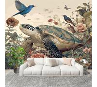 Salon Chambre Murale Photo Vintage Animaux Tortues Marines Fleurs Papier Peint Intissé Résistant à l’humidité Couleur Claire Pour Décoration Murale Moderne Poster Tableaux Photo Muraux 200x140cm