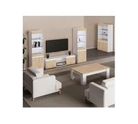 AltoBuy Chris Oak - Salon Complet avec Vitrine 2P Laqué Blanc Brillant Aspect Bois