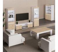 AltoBuy Chris Oak - Salon Complet avec Vitrine 2P Laqué Blanc Brillant Aspect Bois