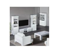 CHRIS WHITE - Salon Complet avec Vitrine 2P Laqué Blanc Brillant et Imitation Marbre