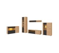 Salon complet DOUM - Buffet bas, vitrine, meuble TV, buffet haut et étagère murale - Chêne clair et noir