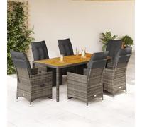 Salon de bistrot 7 pièces en polyrotin gris avec dossier réglable et table d'appoint en bois d'acacia