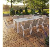 IDMarket - Salon de jardin Madrid, Table 240 cm, 10 chaises empilables, acier blanc, blanc et beige