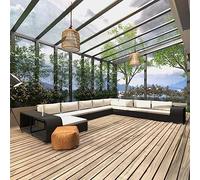 Salon de jardin 11 pièces en rotin PE, noir, avec 9 coussins d'assise et 9 dossiers, 2 tables d'appoint, canapé d'angle, 7 canapés centraux et poufs modulaires