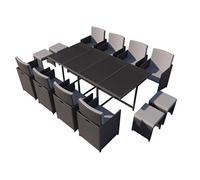 CONCEPT USINE - Salon De Jardin Florida 12 Personnes en Résine Tressée Noir - 1 Table en Verre - 8 Fauteuils - 4 Poufs - Coussins Gris - Encastrable, Résistant, Imperméable