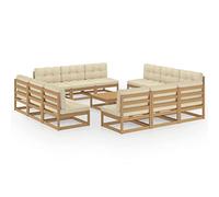 Salon de jardin 13 pièces - Marron miel - En pin massif - Avec coussins crème - Modulaire pour terrasse et balcon - Charge maximale : 110 kg
