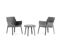 Salon de jardin, 2 fauteuils avec table basse pour extérieur en polypropylène renforcé, ensamble de bistrot, fauteuils pour porche piscine balcon - Betty (Salon 3 pièce gris foncé)
