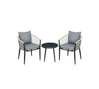 Outsunny Salon de Jardin 2 Personnes 3 pièces 2 fauteuils avec Coussins + Table Basse Ronde Plateau Verre trempé Corde tressée et métal Gris
