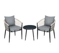 Outsunny Salon de Jardin 2 Personnes 3 pièces 2 fauteuils avec Coussins + Table Basse Ronde Plateau Verre trempé Corde tressée et métal Gris