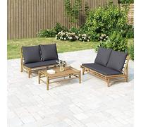 Salon de Jardin 2 Pieces Bamboo Set with Dark Gray Cushions, Outdoor Patio Furniture for Garden Balcony Terrace, Durable Natural Bamboo Bistro Set with Coffee Table and Bench, Comfortable Seating