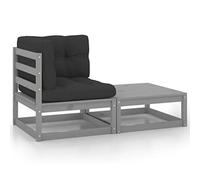 Salon de Jardin 2 Pieces with Cushions Grey, Solid Pine Wood Outdoor Furniture Set for Patio Garden, Modular Corner Sofa and Ottoman with Anthracite Cushions, Durable and Comfortable Lounge Set