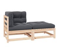 Salon de Jardin 2 Pieces with Cushions, Solid Pine Wood Outdoor Furniture Set for Patio Garden Balcony, Modular Lounge Sofa and Ottoman with Anthracite Polyester Cushions, Easy Max Load 110kg