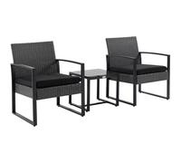 Salon De Jardin 2 Places 3 Pi?Ces 2 Chaises Avec Coussins + Table Basse Plateau Verre Tremp? R?Sine Tress?E Aspect Rotin Noir