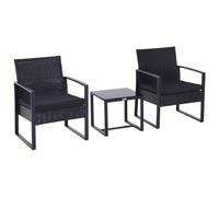 Salon De Jardin 2 Places - 3 Pièces 2 Chaises Avec Coussins + Table Basse - Plateau Verre Trempé - Résine Tressée 4 Fils Imitation Rotin Noir