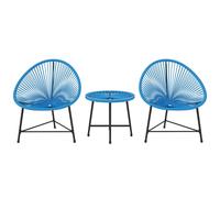 Salon De Jardin 3 Pcs 2 Places Design Acapulco Plateau Verre Trempé Acier Noir Résine Filaire Bleu