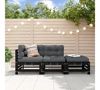 Salon de Jardin 3 Pieces Black Solid Pine Wood Outdoor Furniture Set, Modular Garden Sofa with Corner & Footstool for Patio Terrace Backyard, Durable Weather-Resistant Lounge Seating 110kg Capacity